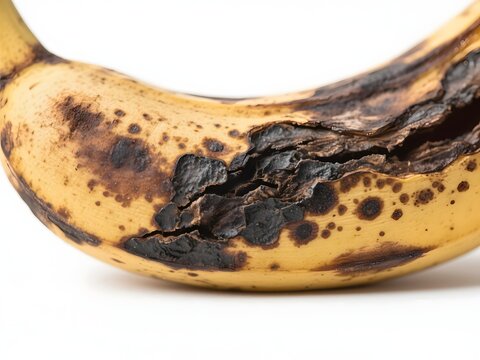 Banana with Black Rot and Bacterial Decay Spots Macro Isolated on White Background