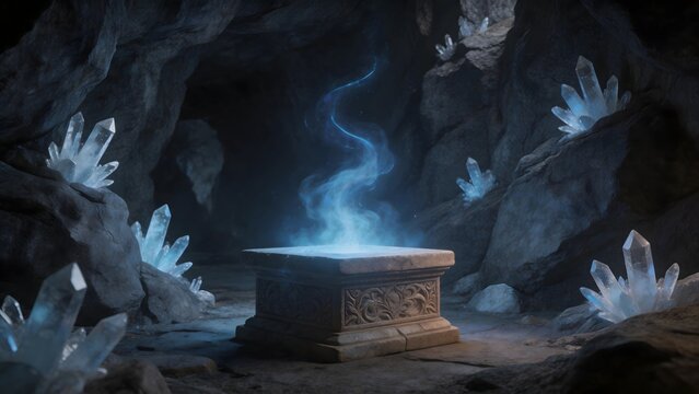 Mystical cave with glowing crystal pedestal