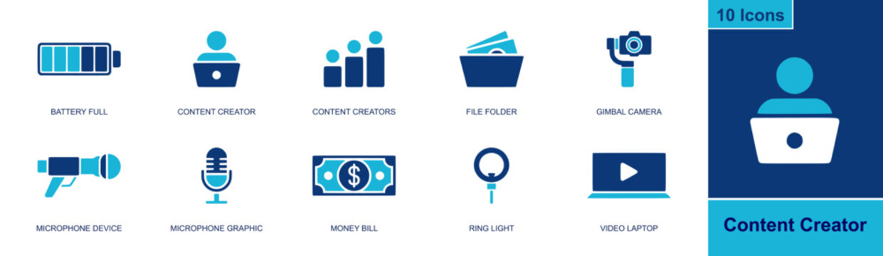 Content creator icon set. Containing battery full, content creator, file folder, gimbal camera, microphone, money bill, ring light, video laptop, studio and more. Solid fill vector icons.