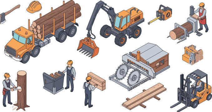 Forestry industry logging equipment and workers isometric vector illustration set with sawmill machinery timber transport truck forklift and wood processing elements
