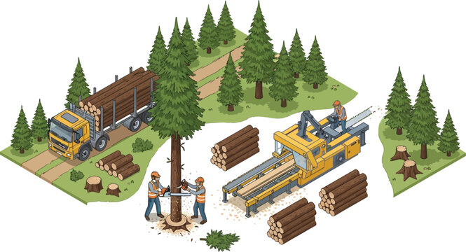 Isometric logging industry forestry operation vector illustration featuring lumberjacks cutting trees with chainsaws sawmill machinery and timber transport truck in forest