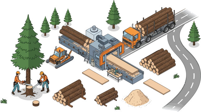 Isometric logging industry vector illustration featuring lumberjacks cutting trees, sawmill processing logs into planks, and timber trucks transporting wood on road