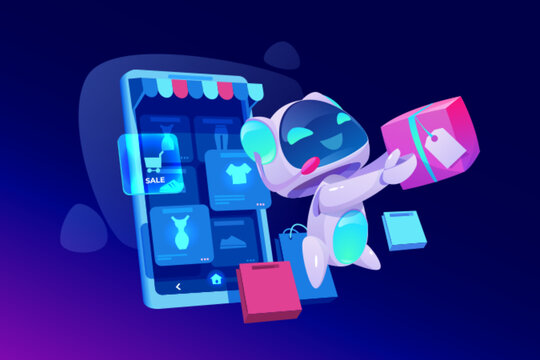 Ai robot help with online shopping and holding box, bags with purchases from mobile phone. Cute friendly 3d artificial intelligence chat bot assistant or support agent concept. Digital technology app
