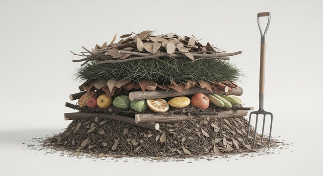 Compost pile with garden tool against a transparent background illustrating organic decomposition