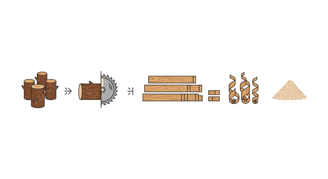 A schematic vector infographic illustrates the industrial manufacturing workflow transforming raw tree logs into finished wooden boards, shavings, and sawdust on a white background
