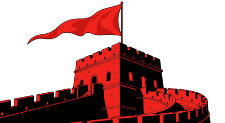 Red Flag Flying on Great Wall of China Turret - Minimalist Vector Illustration © Maya