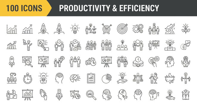Comprehensive collection of business productivity and efficiency line icons for strategy, analytics, and growth optimization, perfect for modern corporate presentations and digital applications