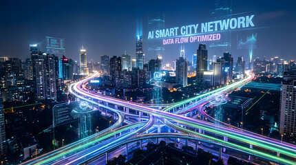 Obraz premium Futuristic Smart City Network with Optimized Data Flow Illuminating the Nighttime Skyline