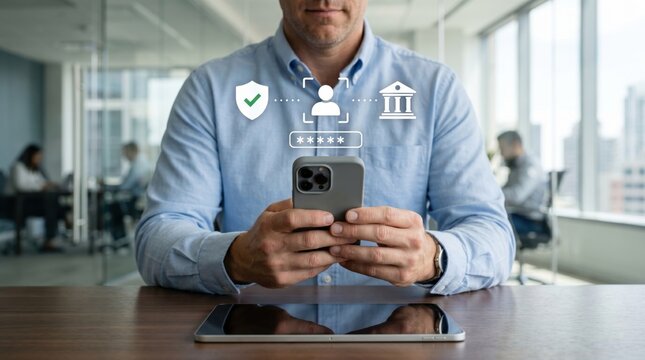 Man using smartphone for secure online banking authentication, digital identity verification concept, password protection shield icon, financial transaction safety, mobile payment