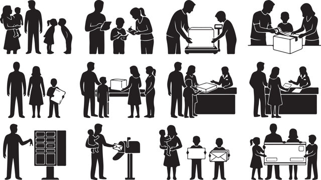 Family Delivery and Mailbox Service Silhouette Set, Package Receiving, Shipping, Courier Service, Black Vector Icons Collection
