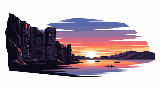 Ancient stone monoliths stand by a tranquil ocean during a vibrant pixel art sunset