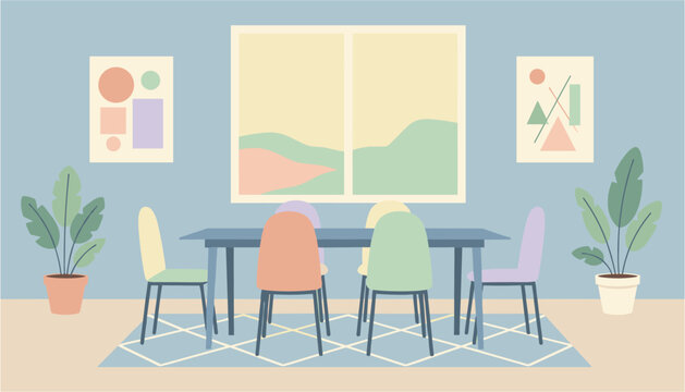 Modern classroom setup with desks, chairs, whiteboard and decorative plants