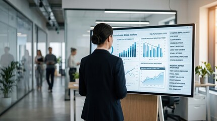 Fototapeta premium Woman analyzing sustainable global markets and ESG performance data on large screen, environmental social governance investment charts, green finance and ethical business growth