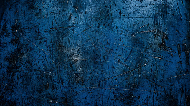 Dark blue distressed metal surface with heavy scratch marks, grime stains, and weathered texture on deep navy steel background