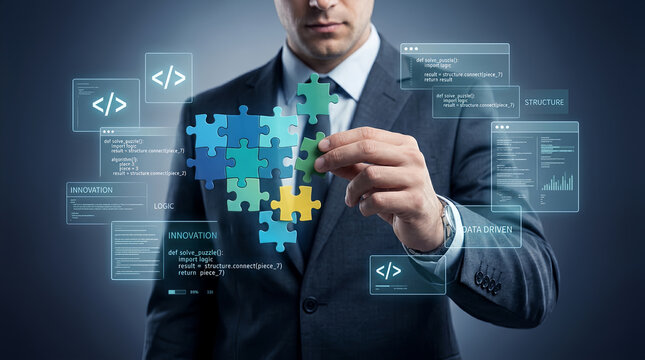 Businessman in suit solving puzzle pieces with coding and innovation graphics around him symbolizing technology and problem solving in business