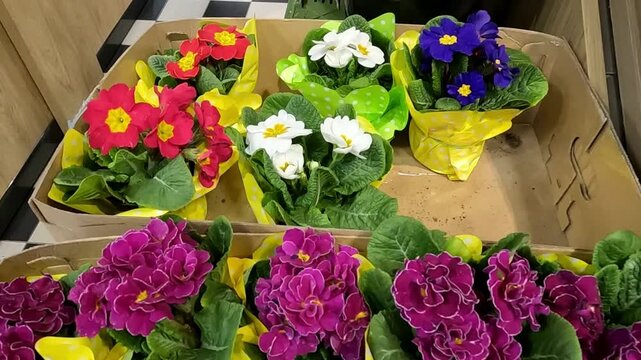 Colorful primula flowers in big box for sale in shop.
