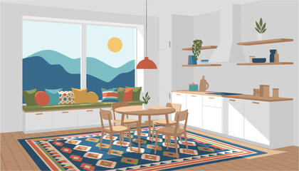Cozy children's playroom with wooden furniture and colorful rug on sunny day © ABULSTOCK