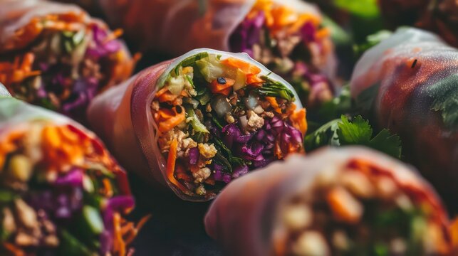 Close-up of fresh, vibrant spring rolls filled with shredded vegetables and herbs.