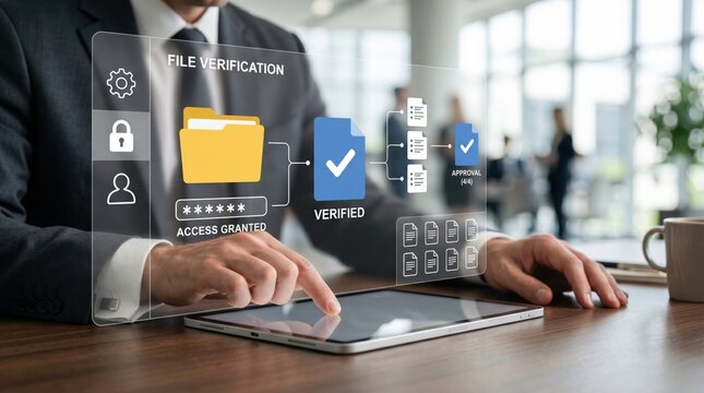 Businessman using holographic interface for secure file verification, digital access granted with password protection and data approval process in modern office environment