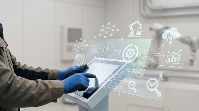 Worker operating advanced industrial control panel with augmented reality display showing robotic automation, IoT connectivity and production analytics for smart factory