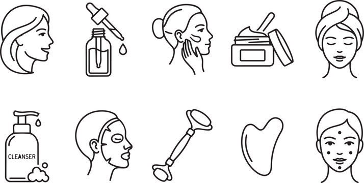 Set of line art icons for skincare and beauty routine with gua sha, self care