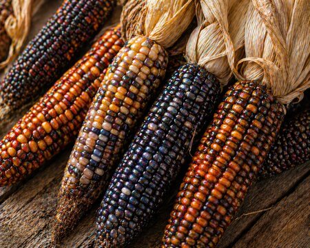 Variety of dried corn cobs with colorful kernels lying flat on rustic wooden plank surface.