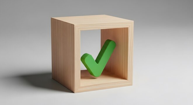 Approval and quality assurance concept, wooden cube frame with a green check mark inside