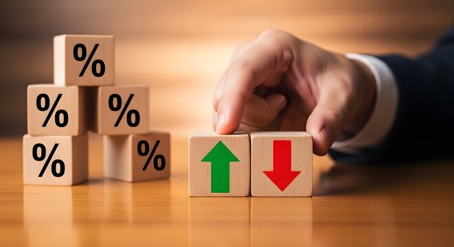 Financial decision and interest rate change concept, wooden blocks showing percentage symbol with green upward and red downward arrows
