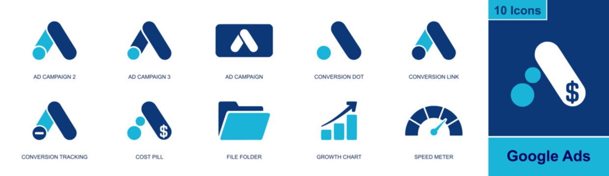 Google Ads icon set. Containing ad campaign, ad icon, conversion dot, conversion link, tracking, cost pill, file folder, growth chart, speed meter and more. Solid fill vector icons.