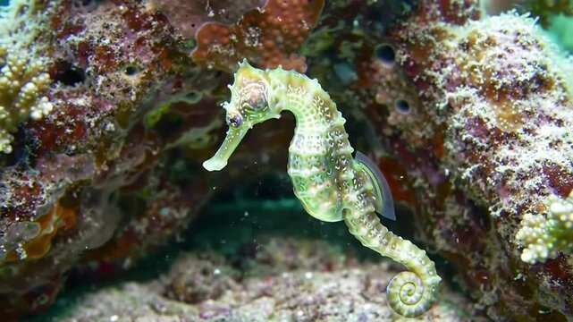 Close-Up of a Seahorse Gliding Among Vibrant Coral in a Colorful Underwater Environment
