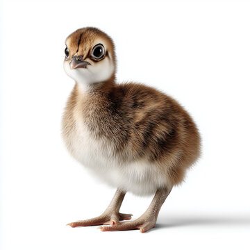 Cute peacock peachick standing isolated on white background
