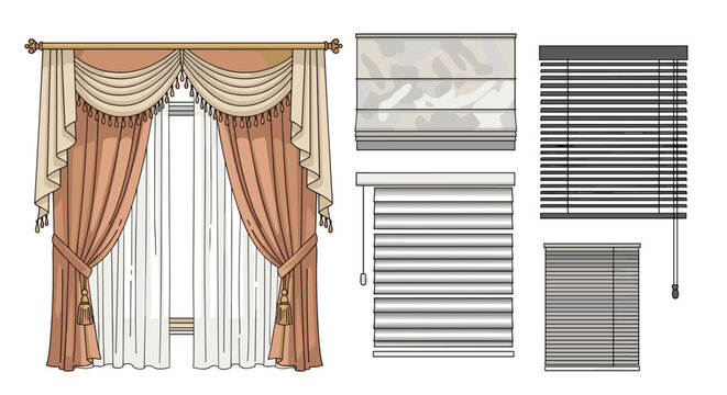 Selection of different window treatment options including elegant curtains and various types of functional indoor blinds for home decoration.