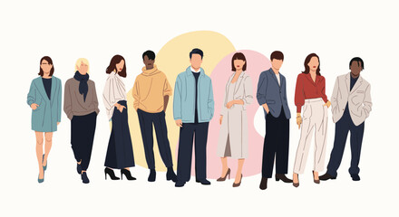 Obraz premium Group of stylish young men and women standing together showcasing diverse fashion trends and modern clothing styles in an artistic layout.