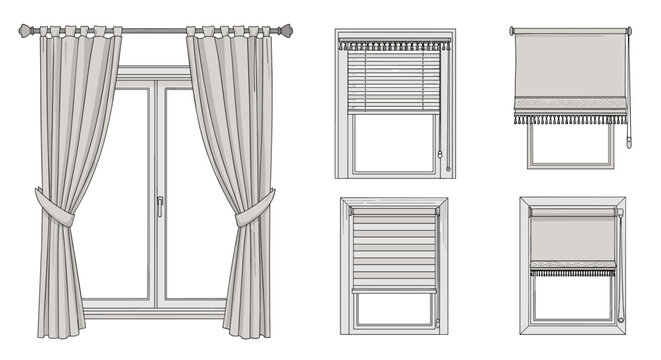 Selection of different window covering designs including classic draped curtains, venetian blinds, and modern roller shades in a sketch style.