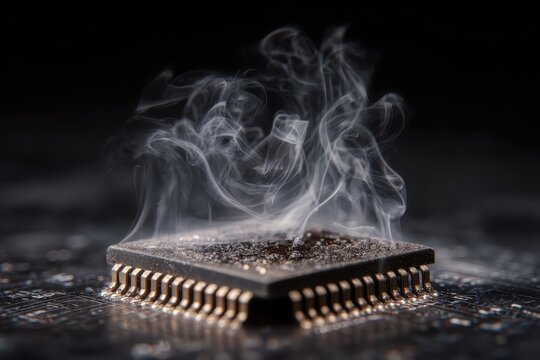Computer chip overheating with smoke on circuit board dark