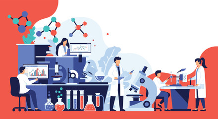 Obraz premium Professional team of scientists in white lab coats conducting experiments with microscopes and chemical equipment in a modern laboratory.
