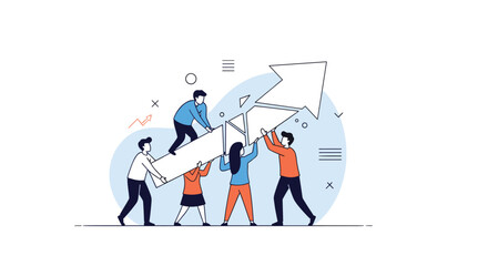 Fototapeta premium Team of people working together to assemble a large upward-pointing blue arrow symbolizing business growth, teamwork, and collective success.