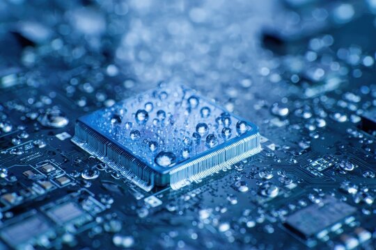 Computer chip with water droplets on circuit board blue