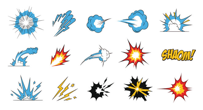 Set of comic book style explosion effects featuring colorful blasts, sparks, and flashes with action words for creative graphic design projects.