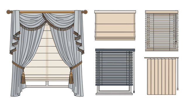 Assorted window treatment options including elegant blue curtains, roman shades, and different types of horizontal and vertical blinds.