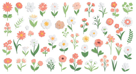Obraz premium Variety of simple flower illustrations with different shapes, colors, and arrangements for spring and botanical design projects on white.