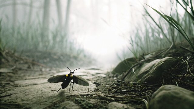 Close up of a male firefly in the forest at night, the eastern United States.
