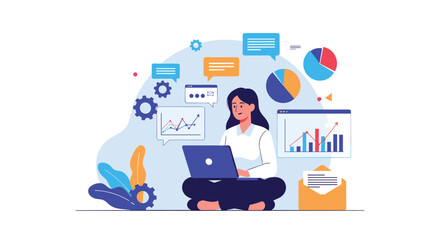 Fototapeta premium Professional woman working on her laptop while surrounded by floating data charts, graphs, and business communication icons.