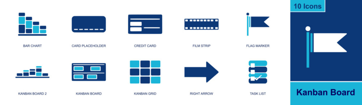 Kanban board icon set. Containing bar chart, card placeholder, credit card, film strip, flag marker, kanban board, kanban grid, right arrow, task list and more. Solid fill vector icons.