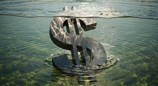 Metal Dollar Symbol Partially Submerged in Clear Ocean Water