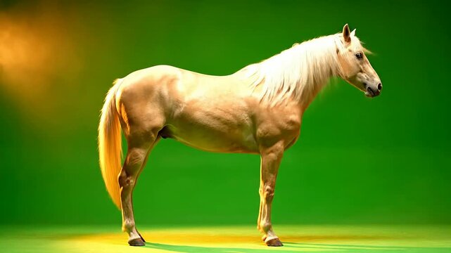 Golden Stallion Horse Standing Majestically in a Bright Green Background with Soft Light and Stunning Details