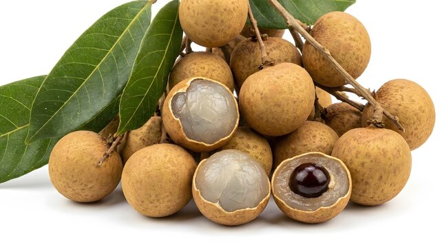 Fresh Longan Fruits Bunch with Leaves on White Background.