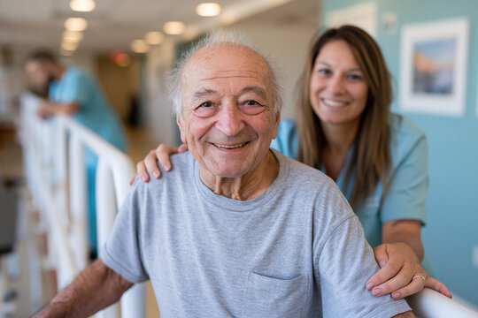 Warm smile radiates from an elderly man. Caregiver's hand rests gently on his shoulder. They stand in a softly lit care facility hallway. The scene conveys comfort and personal care