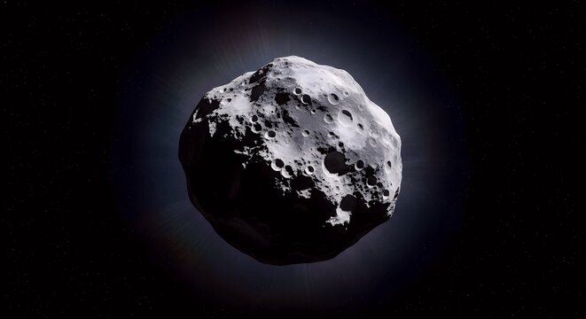 A detailed view of a heavily cratered asteroid or minor planet floating in the dark expanse of space with a subtle glow.