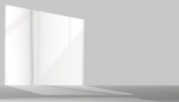 Minimal white studio background with soft light, grey shadow from window.Vector 3d Clean modern room scene with smooth wall, floor,Abstract empty space for product display,Branding advertising design